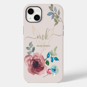 Elegante hellbeige botanische Rosen mit Monogramm- iPhone 14 Plus Hülle