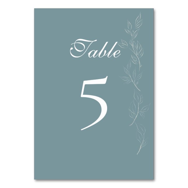 Elegante hellblaue Blatt-Tischnummer-Karte Tischnummer (Vorderseite)