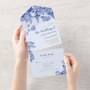 Elegante hellblaue Lotus-Blumen-Chinoiserie All In One Einladung