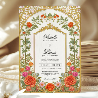 Elegante, helle Orange Rosa Barockhochzeit Einladung