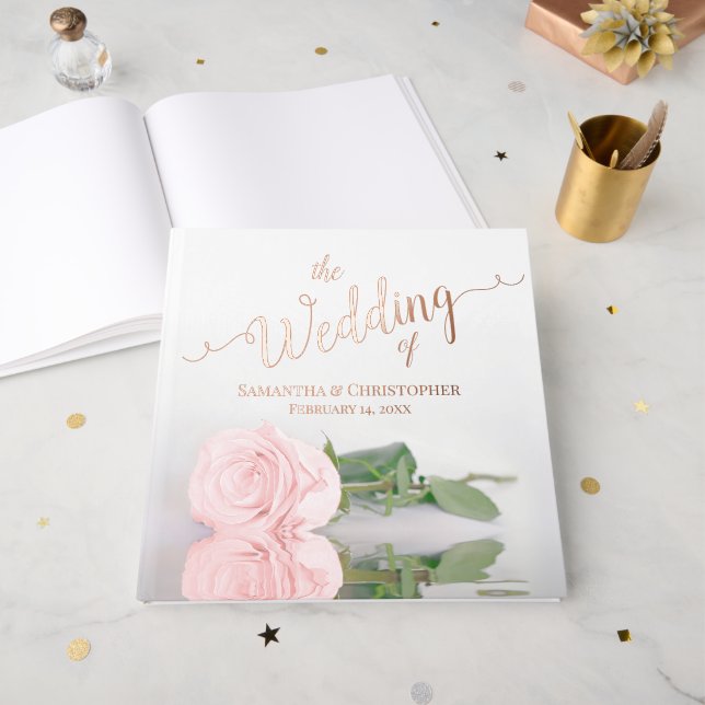 Elegante helle Rosa Rose Große Hochzeit Gästebuch (Vorderseite Offen)