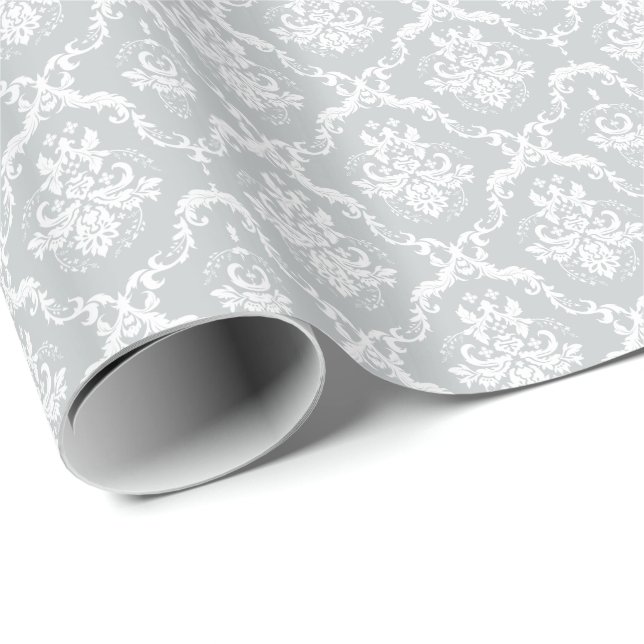 Elegante, hellgraue und weiße, blumengeschmückte D Geschenkpapier (Rolleneckpunkt)