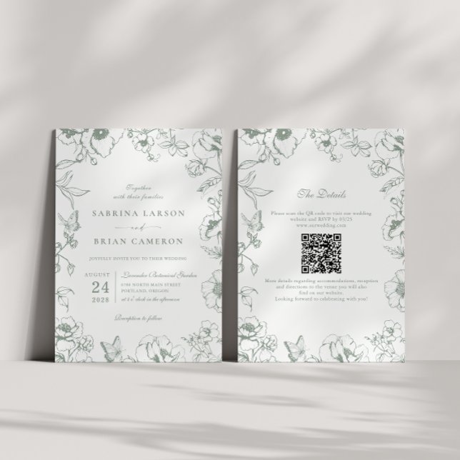 Elegante hellgrüne Floral-Garten-QR-Code-Hochzeit Einladung (Von Creator hochgeladen)