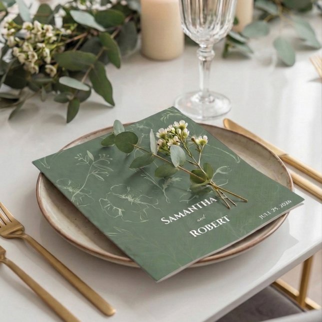 Elegante hellgrüne florale Line-Art-Papiere Serviette (Custom sage green floral wedding paper napkin with fresh eucalyptus.)