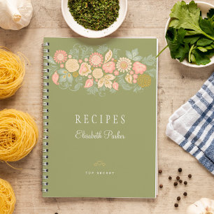 Elegante hellgrüne Pastell-Blumen-Kochbuchrezepte Notizbuch