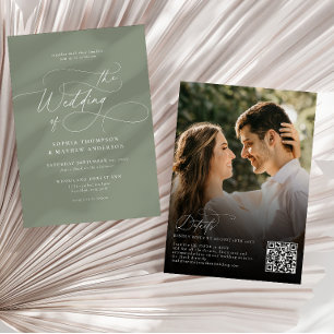Elegante Hellgrüne QR-Code-Rsvp-Foto-Hochzeit Einladung