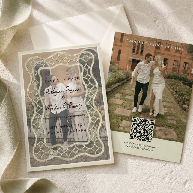 Elegante hellgrüne Wasserfarben-Rand-Foto Save The Date (Elegant Sage Green Watercolor Border Photo Save The Date)