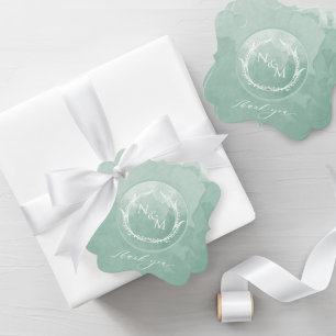 Elegante, hellgrüne Wasserfarbenmonogramm-Hochzeit Geschenkanhänger