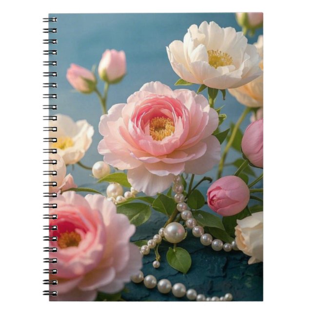Elegante hellrosa Blume mit Perlen Notizblock (Vorderseite)
