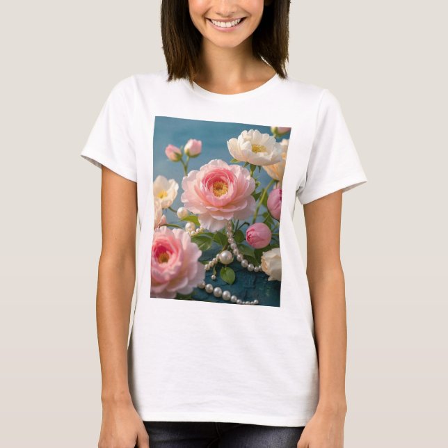 Elegante hellrosa Blume mit Perlen T-Shirt (Vorderseite)