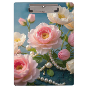Elegante hellrosa Blush-Blumen mit Perlen  Klemmbrett