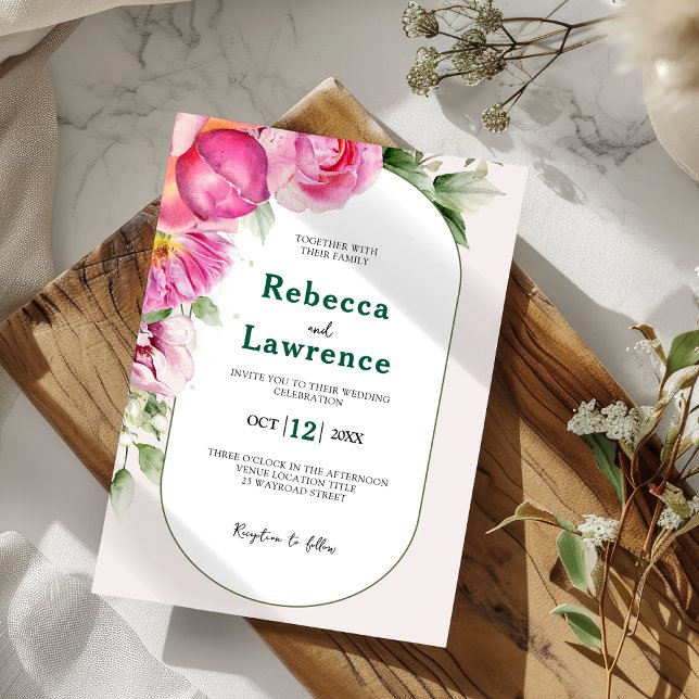 Elegante hellrosa botanische Hochzeit Einladung (Von Creator hochgeladen)