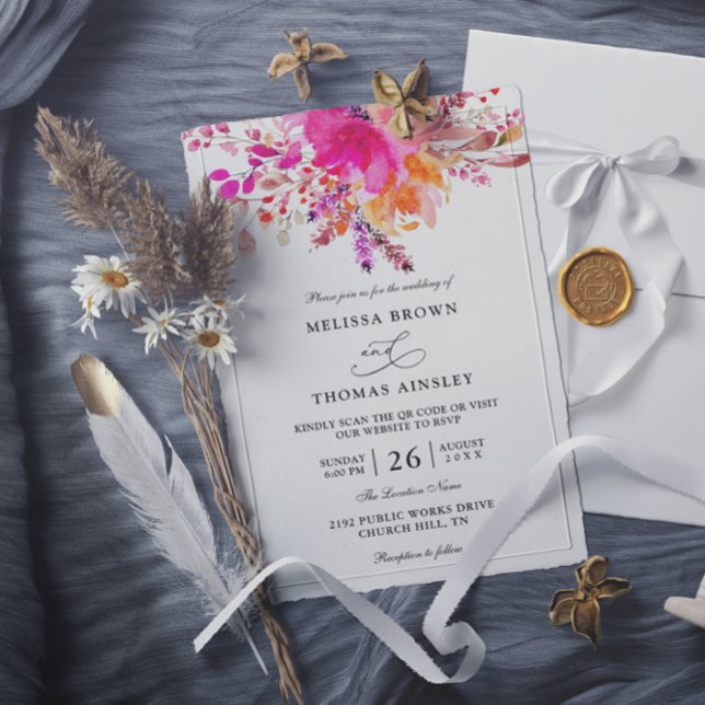 Elegante hellrosa florale Budget-QR-Code-Hochzeit Einladung (Von Creator hochgeladen)
