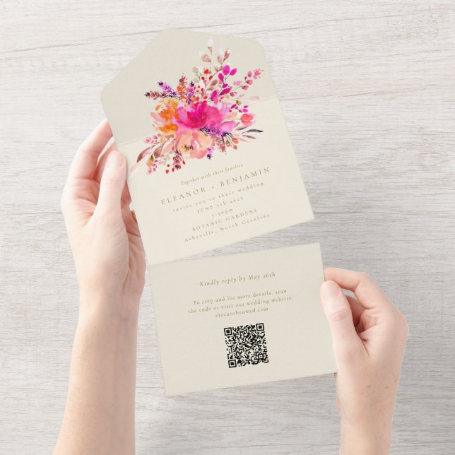 Elegante, hellrosa, florale Hochzeit All In One Einladung (Abreißen)
