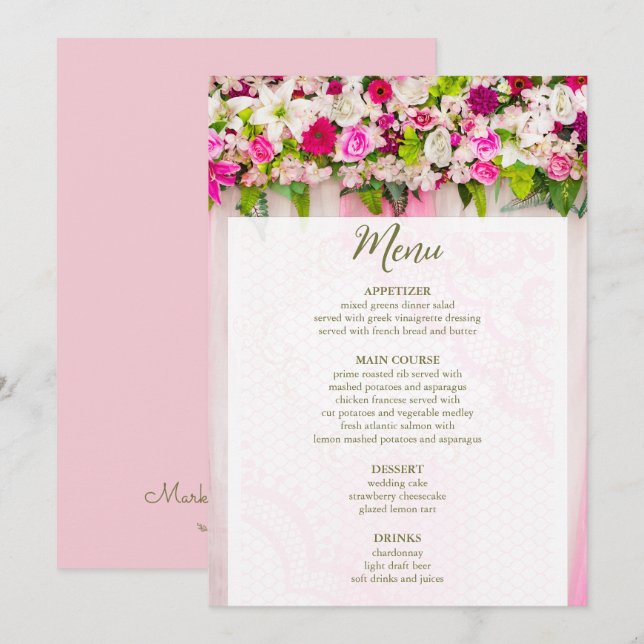 Elegante, hellrosa, florale Hochzeit Menükarte (Vorne/Hinten)