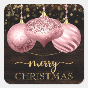 Elegante hellrosa Kugeln Frohe Weihnachten Quadratischer Aufkleber