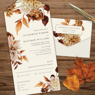 Elegante Herbst-Aquarell-Blumenhochzeit All In One Einladung