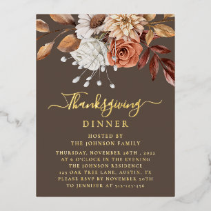 Elegante Herbst-Blumenblätter Thanksgiving Gold Folie Einladungspostkarte