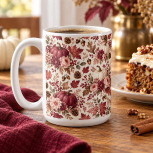 Elegante Herbst-Burgunder-Blumen-Kürbisse Kaffeetasse