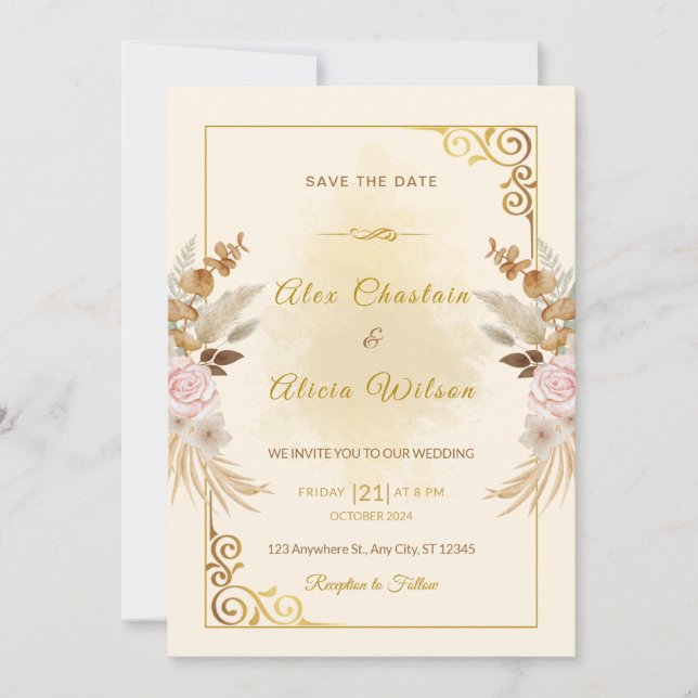 Elegante Herbstblush Bloral Gold Rahmen Hochzeit Einladung (Vorderseite)