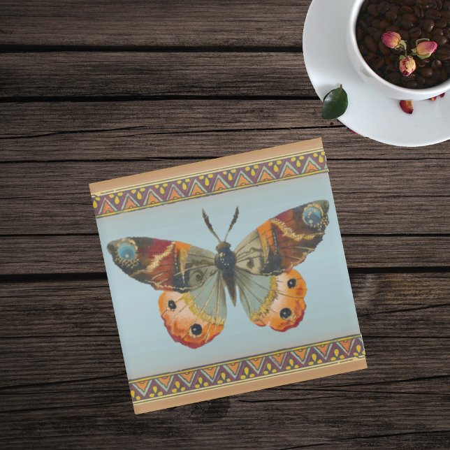 Elegante Herbstfarbene Schmetterlingsgrenzen Glasuntersetzer (Monarch butterfly Autumn colours with border on light blue glass drink coaster.)