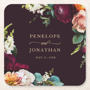 Elegante Herbsthochzeit Burgundy Floral Gold Scrip Rechteckiger Pappuntersetzer