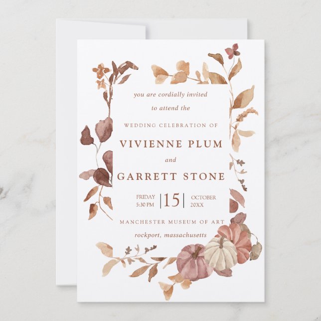 Elegante Herbstlaub Pumpkins Minimalistisch Hochze Einladung (Vorderseite)