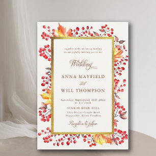 Elegante Herbstlaub Red Berries Gold Frame Wedding Einladung