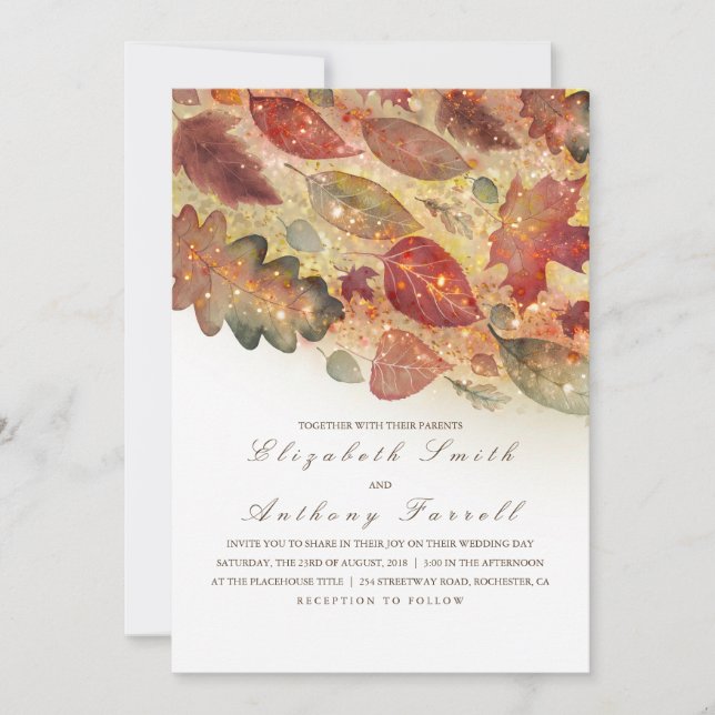 Elegante Herbstlaub und Glitzer-Hochzeit Einladung (Vorderseite)