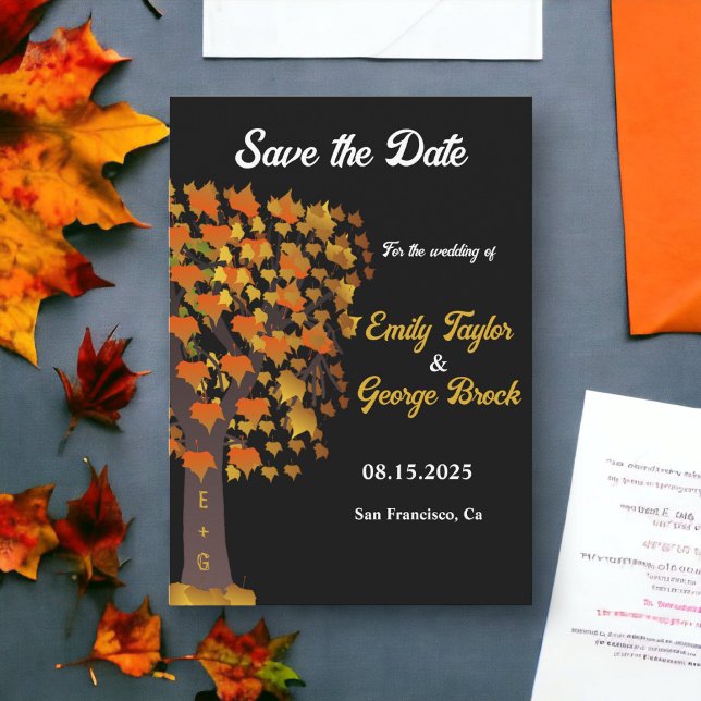 Elegante Herbstlaube Carved Tree Chic Black Weddin Save The Date (Von Creator hochgeladen)