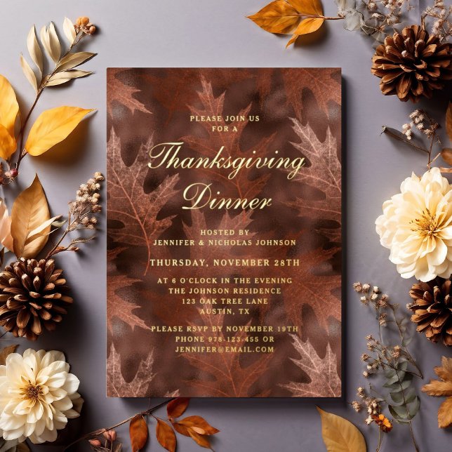 Elegante Herbstlaube Erntedank Dinner Party Gold Folieneinladung (Elegant Fall Leaves Thanksgiving Dinner Party Gold Foil Invitation)
