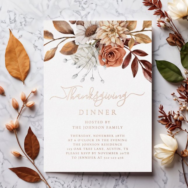 Elegante Herbstlaube Erntedank Dinner Rose Gold Folieneinladung (Elegant Fall Leaves Thanksgiving Dinner Rose Gold Foil Invitation)