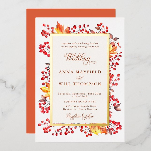Elegante Herbstlaube Rote Berries-Rahmen Hochzeit Folieneinladung (Vorderseite/Rückseite)