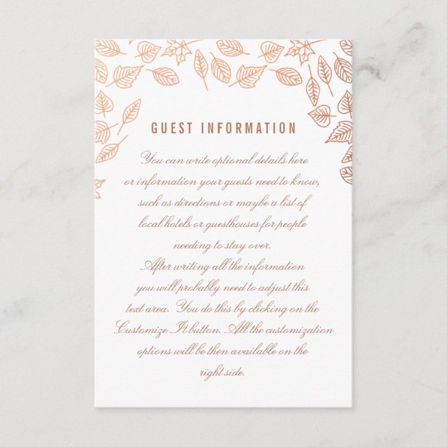 Elegante Herbstleaves Kupfer Hochzeitkarte Begleitkarte (Vorderseite)