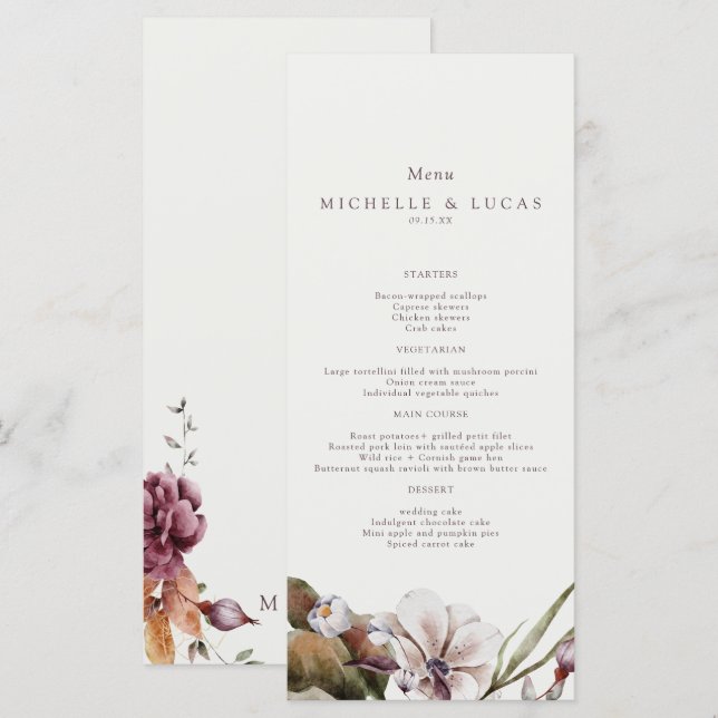 Elegante herbstliche Blumenhochzeit Menükarte (Vorne/Hinten)