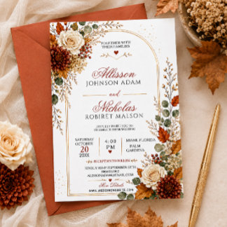 Elegante herbstliche Floral Gold Bogen Hochzeit Einladung