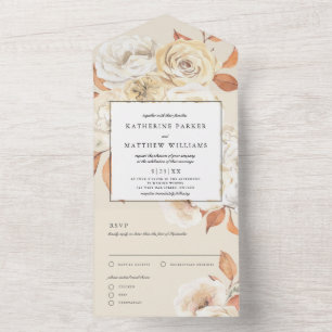 Elegante Herbstwasserfarbe Floral + Ecru Hochzeit All In One Einladung