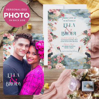 Elegante Heron Peonies mit maßgeschneiderten Foto  Einladung