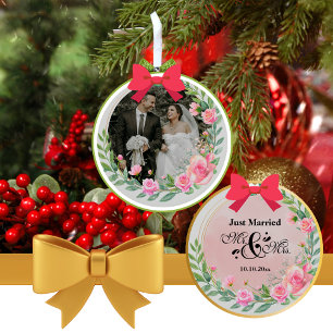 Elegante Herr und Frau Blush Rosa Blumen Hochzeit Keramik Ornament