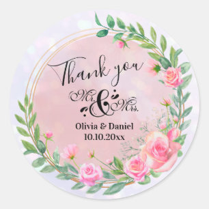 Elegante Herr und Frau Blush Rosa Blumen Hochzeit Runder Aufkleber