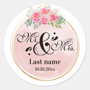 Elegante Herr und Frau Rosa Blumen Hochzeit Runder Aufkleber