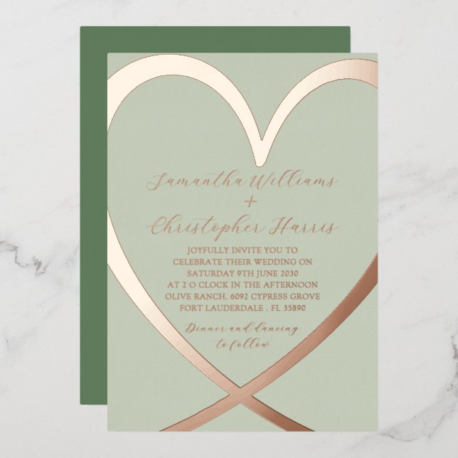 Elegante Herz Rose Gold & Grüne Hochzeit Einladung (Vorderseite/Rückseite)