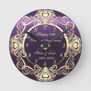 Elegante Herz-Schwünge Diamant Violett 50. Hochzei Runde Wanduhr