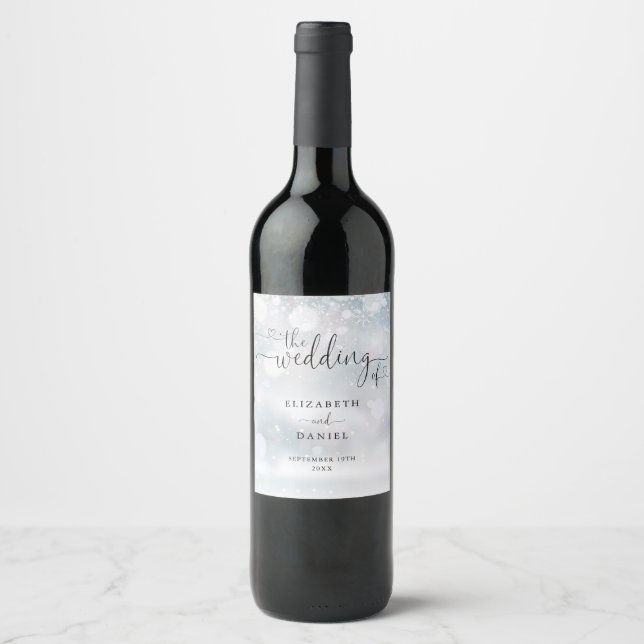 Elegante Herz-Script-Winterhochzeit Weinetikett (Vorderseite)