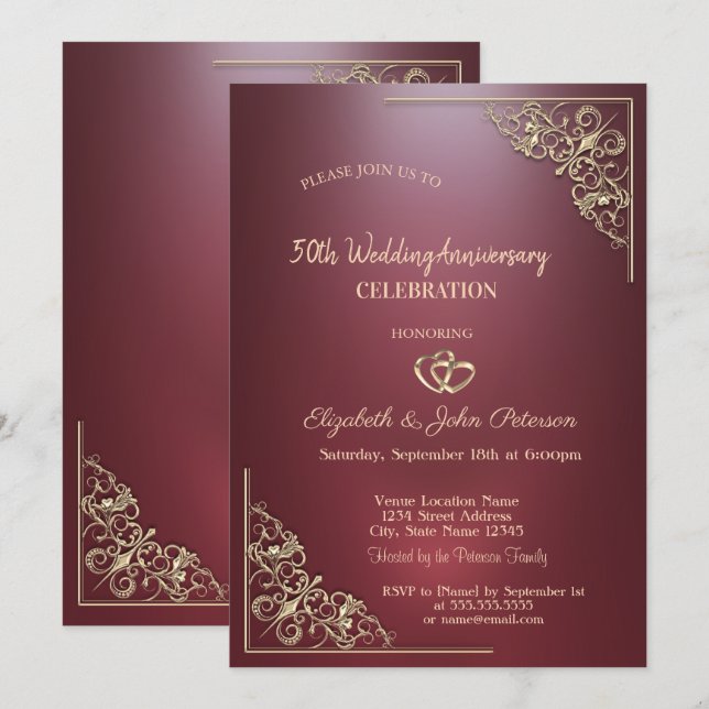 Elegante Herzen gestalten dunkelrote Hochzeitstag Einladung (Vorne/Hinten)