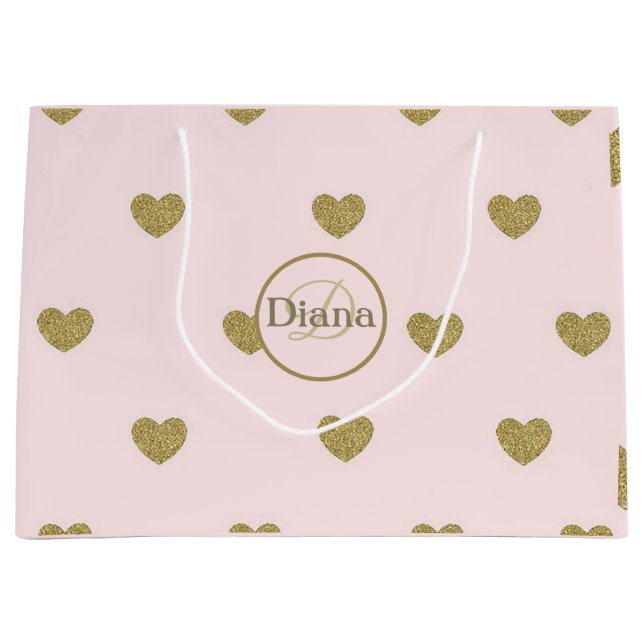 Elegante Herzen Rosa Monogramm Name Große Geschenktüte (Vorderseite)
