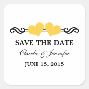 Elegante Herzen Save the Date Sticker, gelb Quadratischer Aufkleber