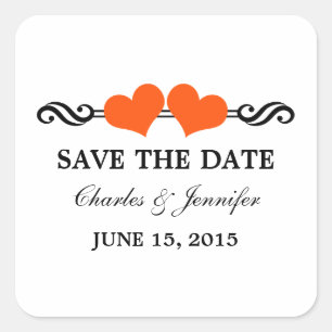Elegante Herzen Save the Date Stickers, Orange Quadratischer Aufkleber