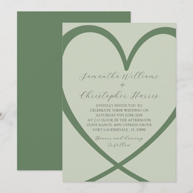 Elegante Herzenssage Grüne Hochzeit Einladung (Vorne/Hinten)