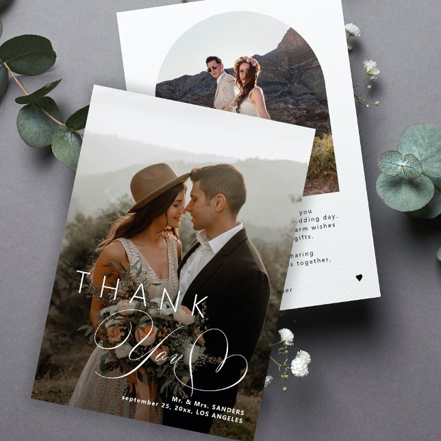 Elegante Herzkalligraphie 2 Foto Hochzeit Dankeskarte (Von Creator hochgeladen)